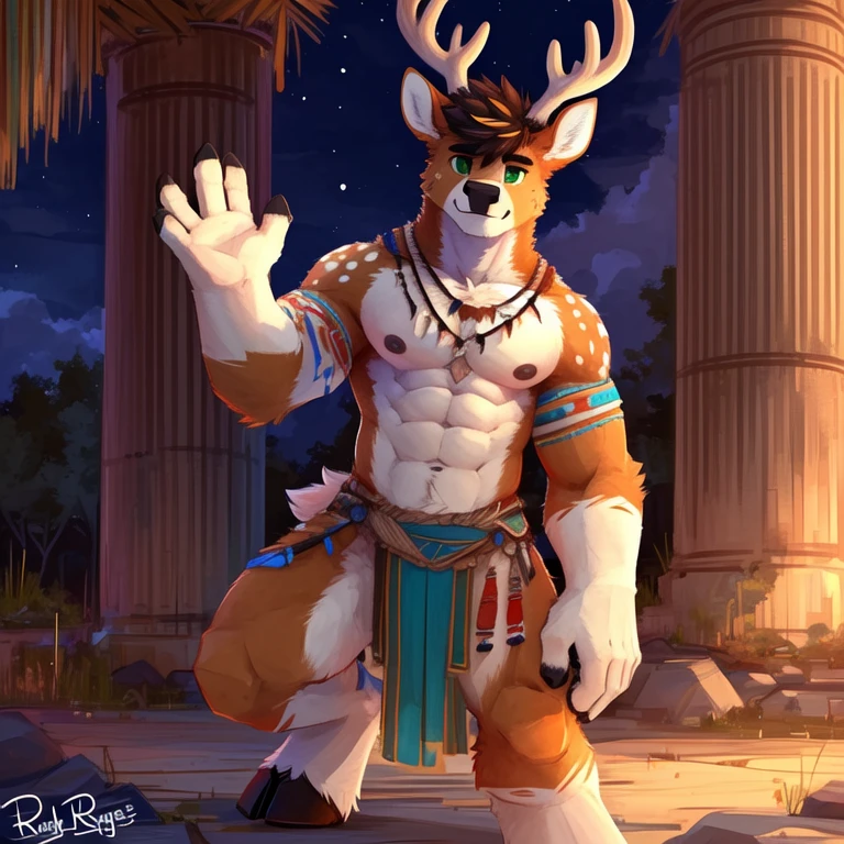 ( masterpiece , Line art style ), alone, posing , ((Pose to draw)), proud gesture, deer, fluffy hands,  detailed face  ,   detailed body, 5 fingers,   detailed hands, strong abs, pair of nipples,   defined pectorals  ,   green eyes,  detailed eyes,  short hair same coat color , 2 arms, homosexual, tribal, (()) , por pache riggs