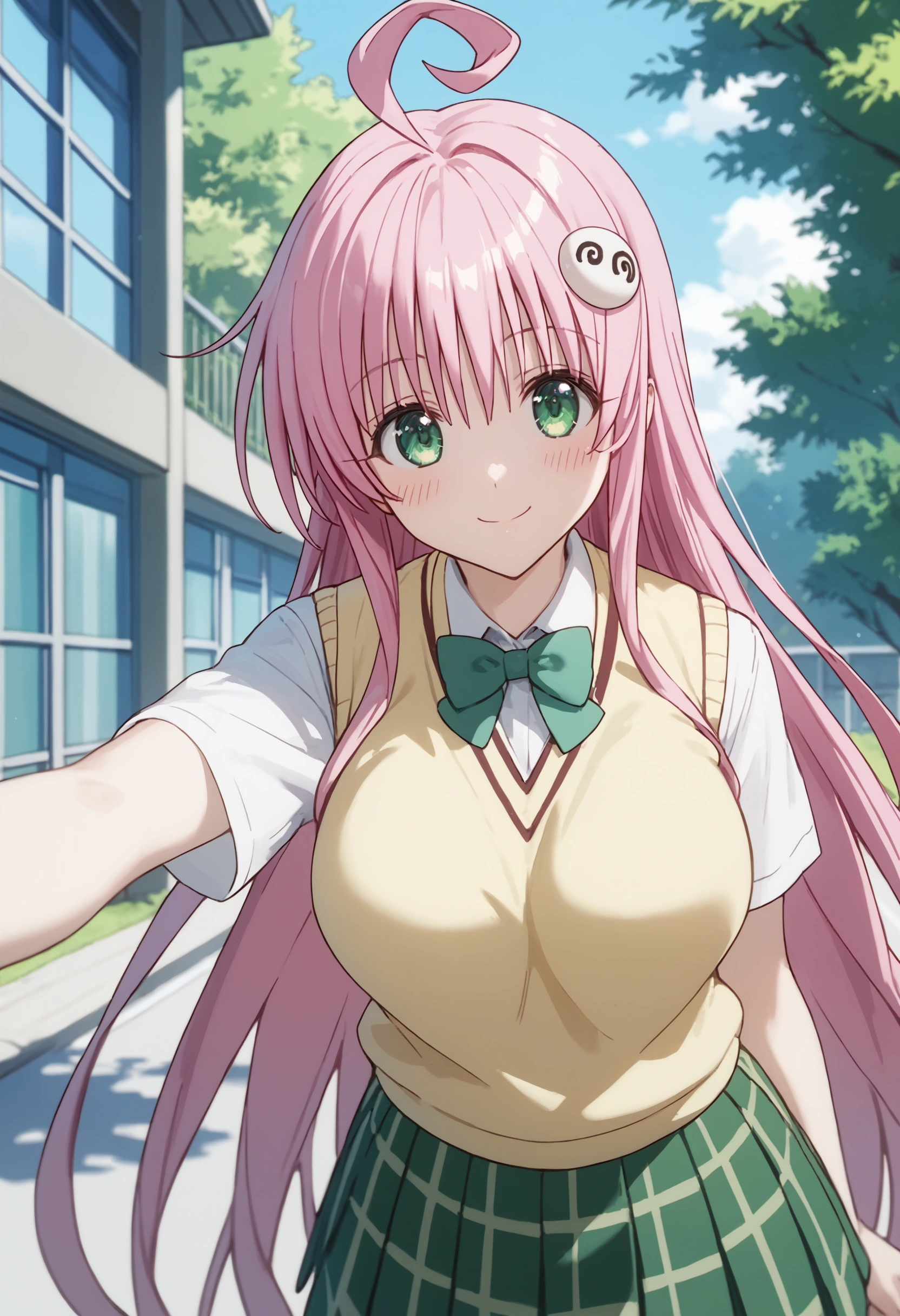 score_9,score_8_up,score_7_up,score_6_up BREAK official art,solo,outdoors,upper body,(portrait:1.5),looking at viewer,facing viewer,smile,blush,Lala Satalin Deviluke,ahoge,very long hair,pink hair,hair ornament,sidelocks,bangs,green eyes,school uniform,sweater vest,yellow vest,white shirt,collared shirt,green bowtie,short sleeves,large breasts,miniskirt,green skirt,plaid skirt,pleated skirt,tail,zettai ryouiki,black thighhighs,loafers