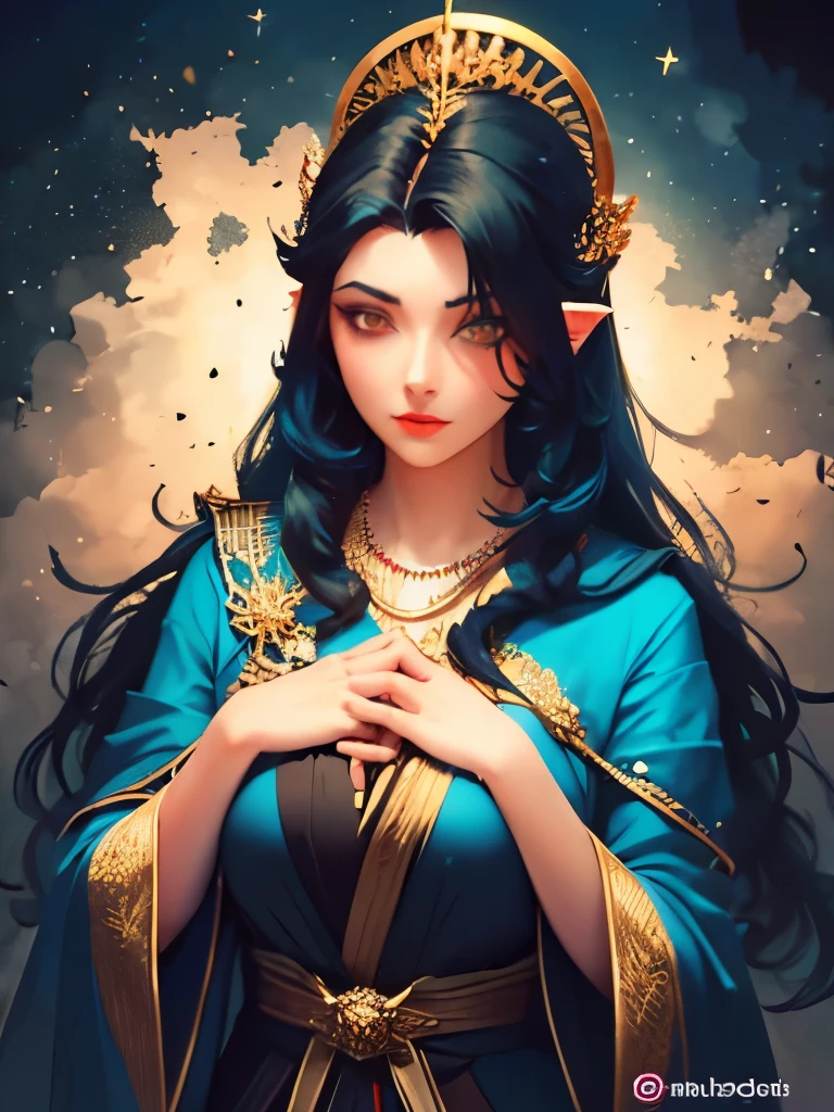 a woman with long black hair wearing a blue and gold hoodie, an anime drawing inspired by Charlie Bowater, tumblr, fantasy art, beautiful celestial mage, black - haired mage, in dark robes with gold accents, astral witch clothes, portrait knights of zodiac girl, wearing star filled mage robes, maya ali as a storm sorcerer, charlie bowater art style