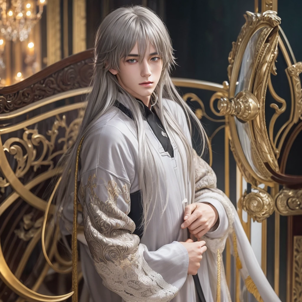  an attractive young man with long, soft silver hair。Intelligent and、 has a mysterious atmosphere 。 has long, amber-colored eyes 。Reading as a hobby 、 attracts people with a gentle narrative 。 has somewhat melancholy 。