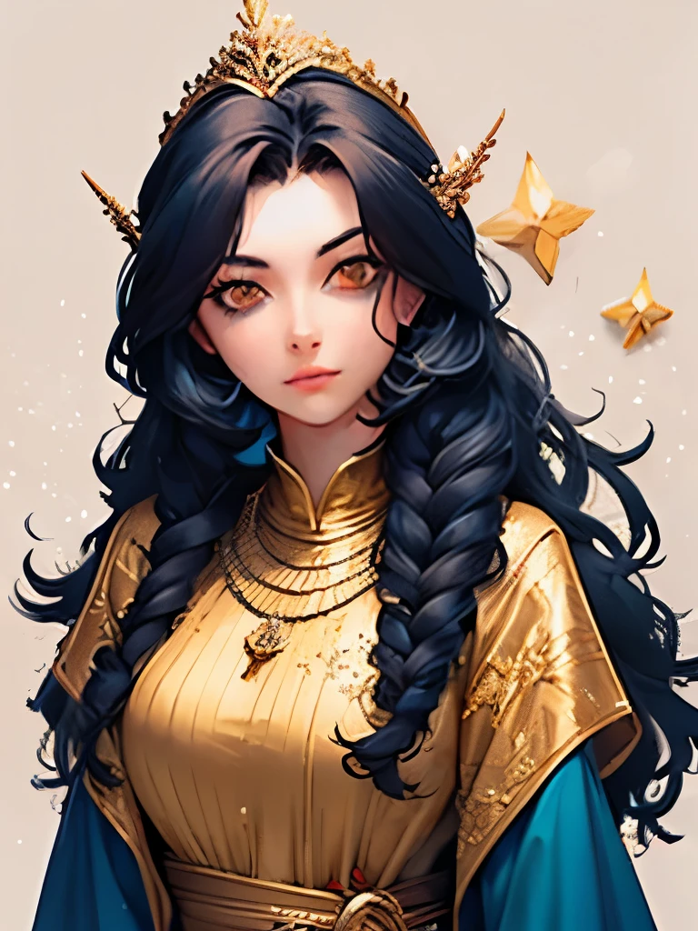 a woman with long black hair wearing a blue and gold hoodie, an anime drawing inspired by Charlie Bowater, tumblr, fantasy art, beautiful celestial mage, black - haired mage, in dark robes with gold accents, astral witch clothes, portrait knights of zodiac girl, wearing star filled mage robes, maya ali as a storm sorcerer, charlie bowater art style