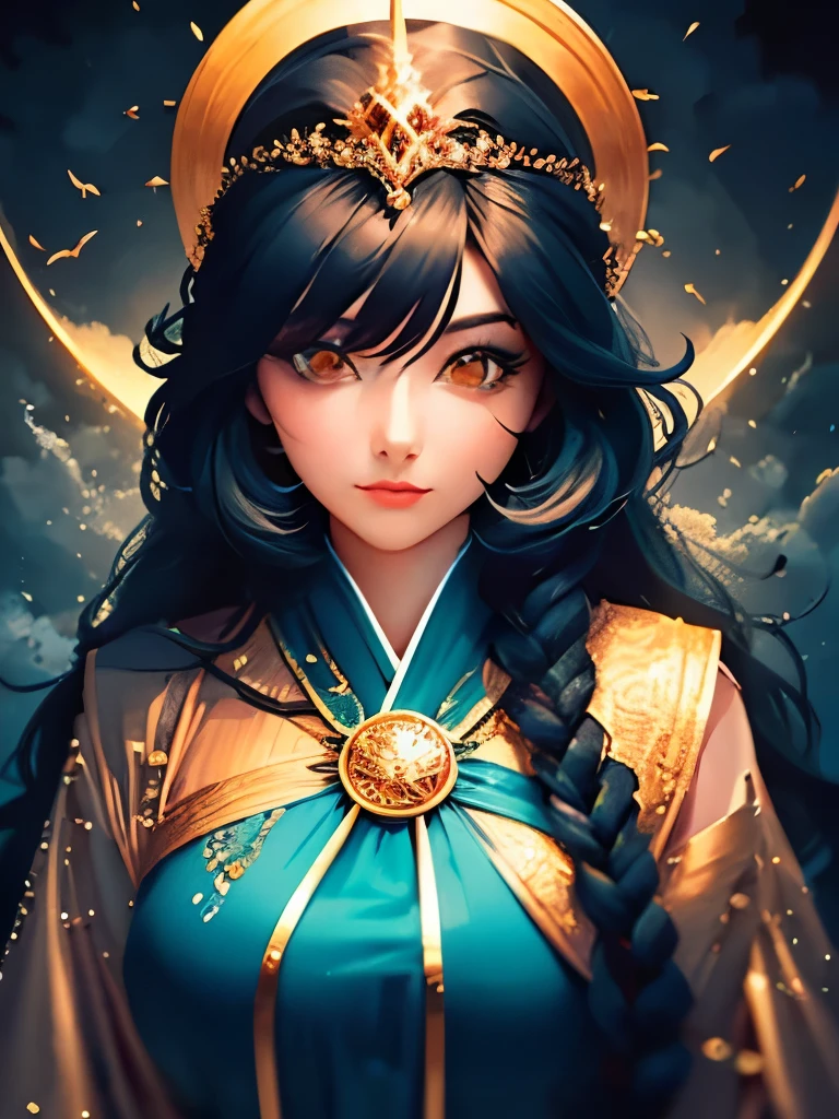 a woman with long black hair wearing a blue and gold hoodie, an anime drawing inspired by Charlie Bowater, tumblr, fantasy art, beautiful celestial mage, black - haired mage, in dark robes with gold accents, astral witch clothes, portrait knights of zodiac girl, wearing star filled mage robes, maya ali as a storm sorcerer, charlie bowater art style