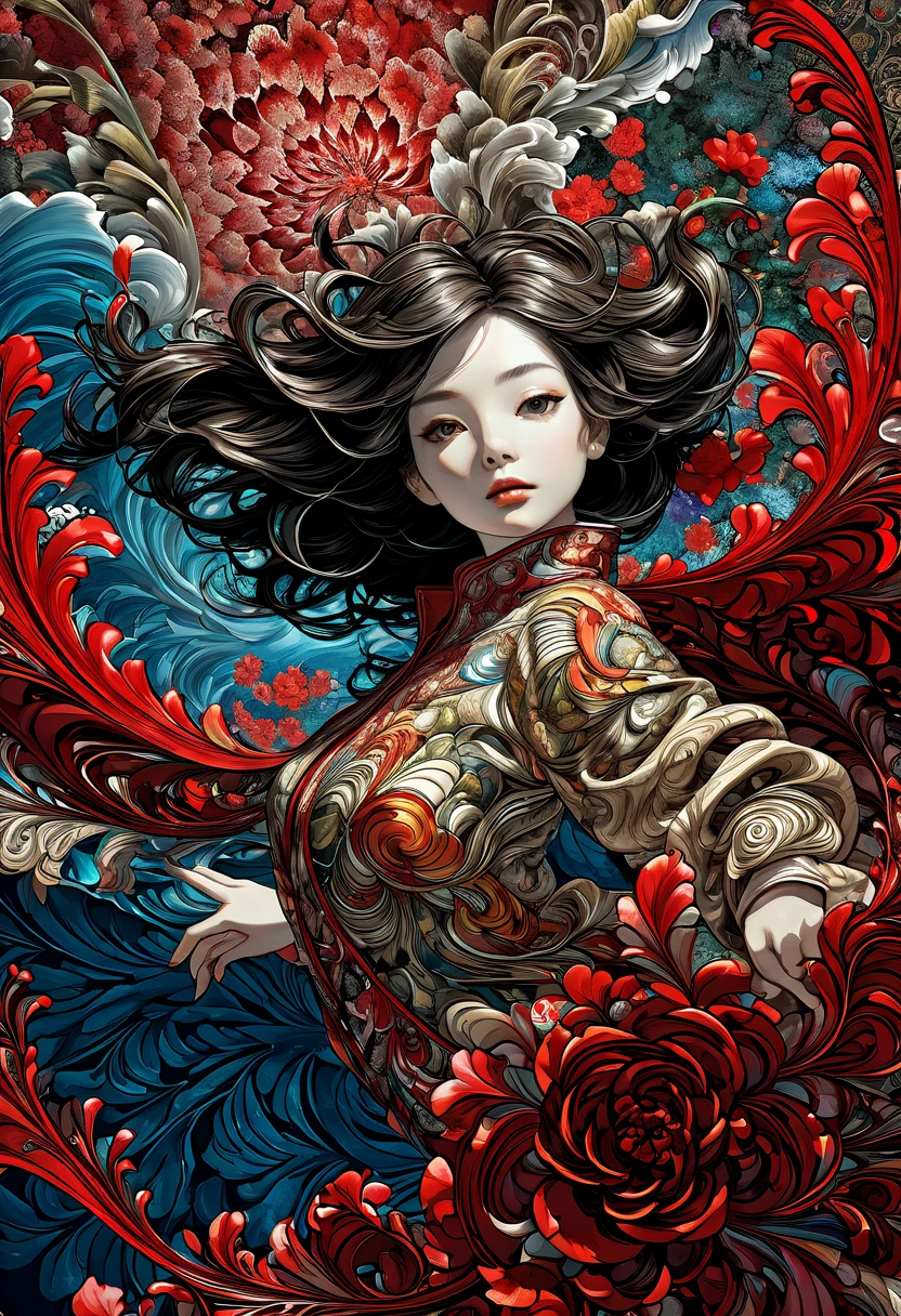 official art, unity 8k wallpaper, very detailed, beautiful and aesthetic, masterpiece, best quality, (zentangle, mandala, tangle, entangle), (fractal art:1.3) , 1 woman, Red flower, very detailed, dynamic angle, cowboy shot, The most beautiful form of chaos, elegant, brutal design, vivid colors, romanticism, james jean, Antono du Robbie, ros tran, Francis Bacon, It was really cold, Adrian Genius, Petra Courtwright, Gerhard Richter, takato yamamoto, ashley wood, atmosphere. 4k,8k,highres,masterpiece:1.2),ultra-detailed,(realistic,photorealistic,photo-realistic:1.37) 4k,8k,highres,masterpiece:1.2),ultra-detailed,