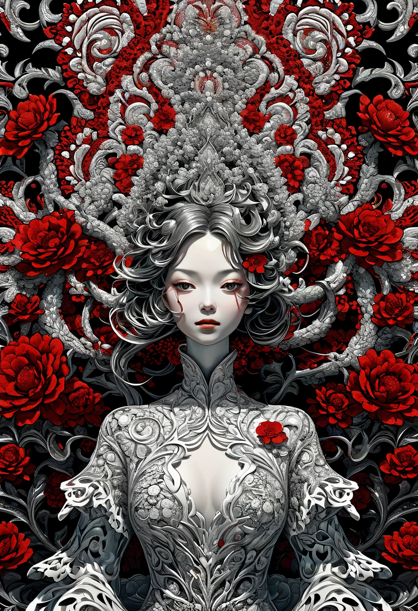 official art, unity 8k wallpaper, very detailed, beautiful and aesthetic, masterpiece, best quality, (zentangle, mandala, tangle, entangle), (fractal art:1.3) , 1 woman, Red flower, very detailed, dynamic angle, cowboy shot, The most beautiful form of chaos, elegant, brutal design, vivid colors, romanticism, james jean, Antono du Robbie, ros tran, Francis Bacon, It was really cold, Adrian Genius, Petra Courtwright, Gerhard Richter, takato yamamoto, ashley wood, atmosphere. 4k,8k,highres,masterpiece:1.2),ultra-detailed,(realistic,photorealistic,photo-realistic:1.37) 4k,8k,highres,masterpiece:1.2),ultra-detailed,