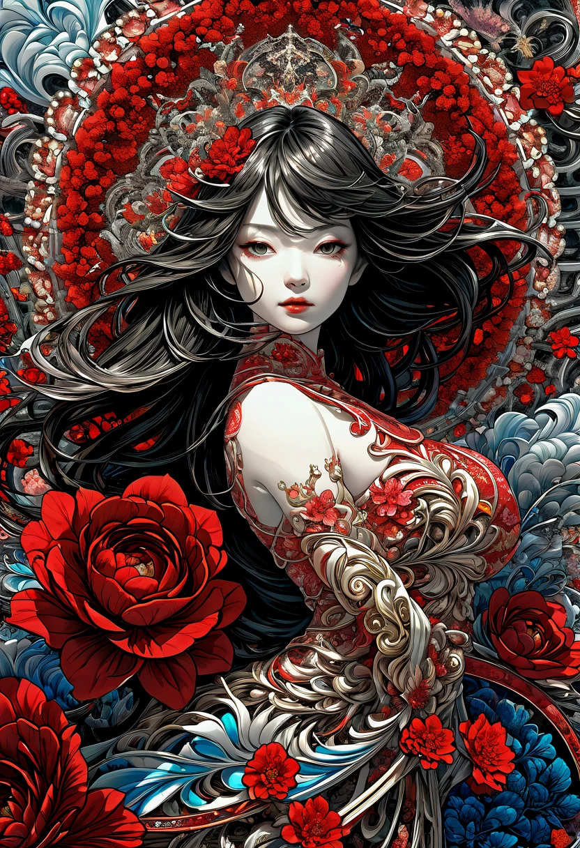 official art, unity 8k wallpaper, very detailed, beautiful and aesthetic, masterpiece, best quality, (zentangle, mandala, tangle, entangle), (fractal art:1.3) , 1 woman, Red flower, very detailed, dynamic angle, cowboy shot, The most beautiful form of chaos, elegant, brutal design, vivid colors, romanticism, james jean, Antono du Robbie, ros tran, Francis Bacon, It was really cold, Adrian Genius, Petra Courtwright, Gerhard Richter, takato yamamoto, ashley wood, atmosphere. 4k,8k,highres,masterpiece:1.2),ultra-detailed,(realistic,photorealistic,photo-realistic:1.37) 4k,8k,highres,masterpiece:1.2),ultra-detailed,