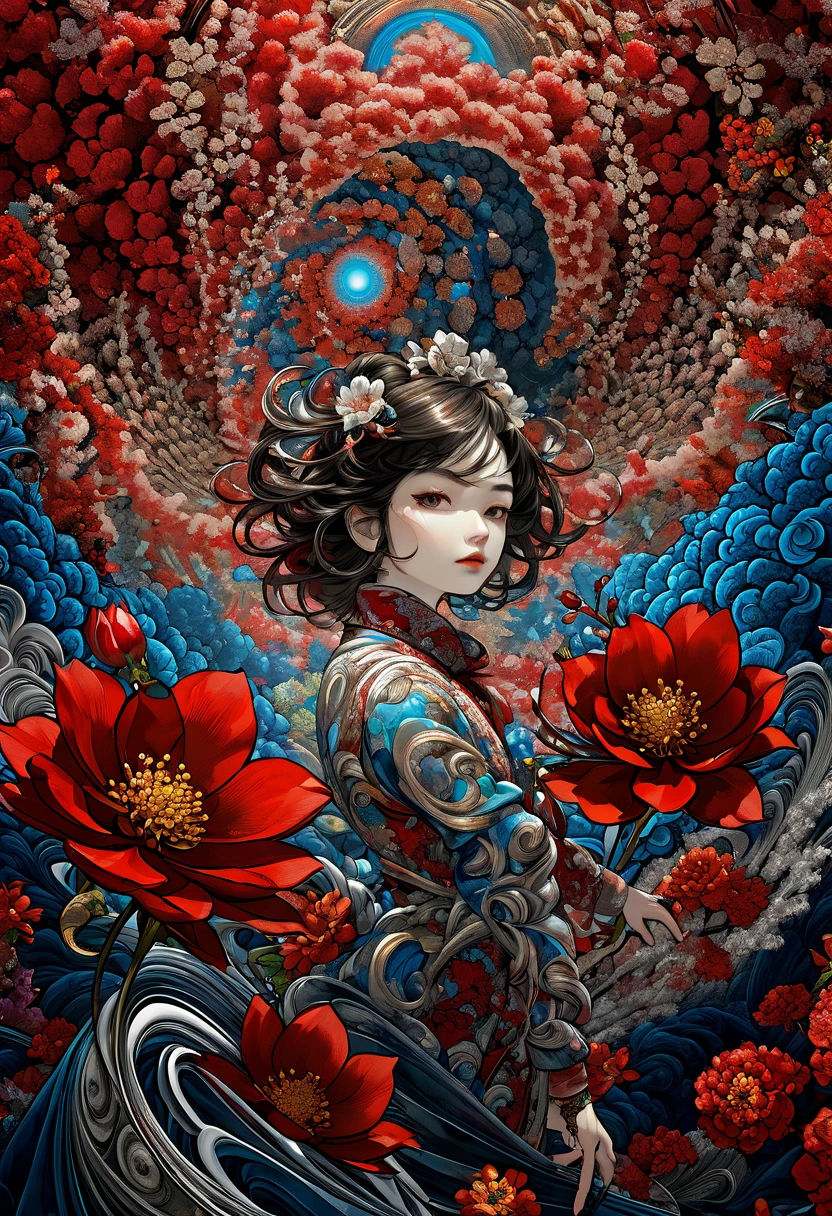 official art, unity 8k wallpaper, very detailed, beautiful and aesthetic, masterpiece, best quality, (zentangle, mandala, tangle, entangle), (fractal art:1.3) , 1 woman, Red flower, very detailed, dynamic angle, cowboy shot, The most beautiful form of chaos, elegant, brutal design, vivid colors, romanticism, james jean, Antono du Robbie, ros tran, Francis Bacon, It was really cold, Adrian Genius, Petra Courtwright, Gerhard Richter, takato yamamoto, ashley wood, atmosphere. 4k,8k,highres,masterpiece:1.2),ultra-detailed,(realistic,photorealistic,photo-realistic:1.37) 4k,8k,highres,masterpiece:1.2),ultra-detailed,