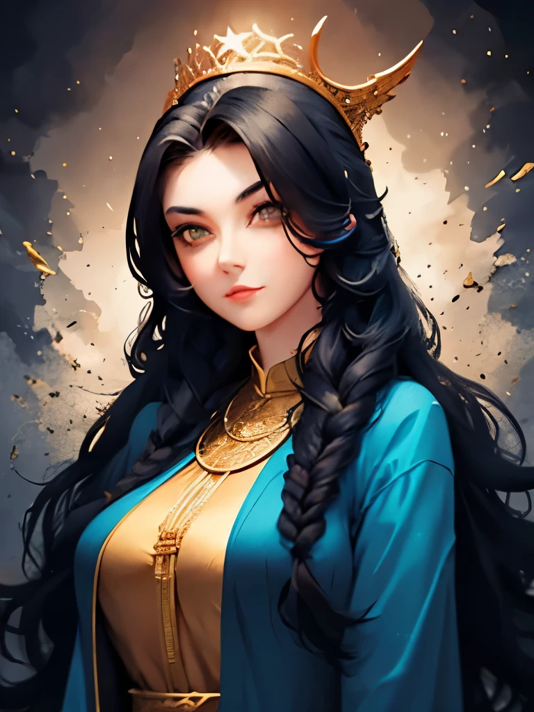 a woman with long black hair wearing a blue and gold hoodie, an anime drawing inspired by Charlie Bowater, tumblr, fantasy art, beautiful celestial mage, black - haired mage, in dark robes with gold accents, astral witch clothes, portrait knights of zodiac girl, wearing star filled mage robes, maya ali as a storm sorcerer, charlie bowater art style