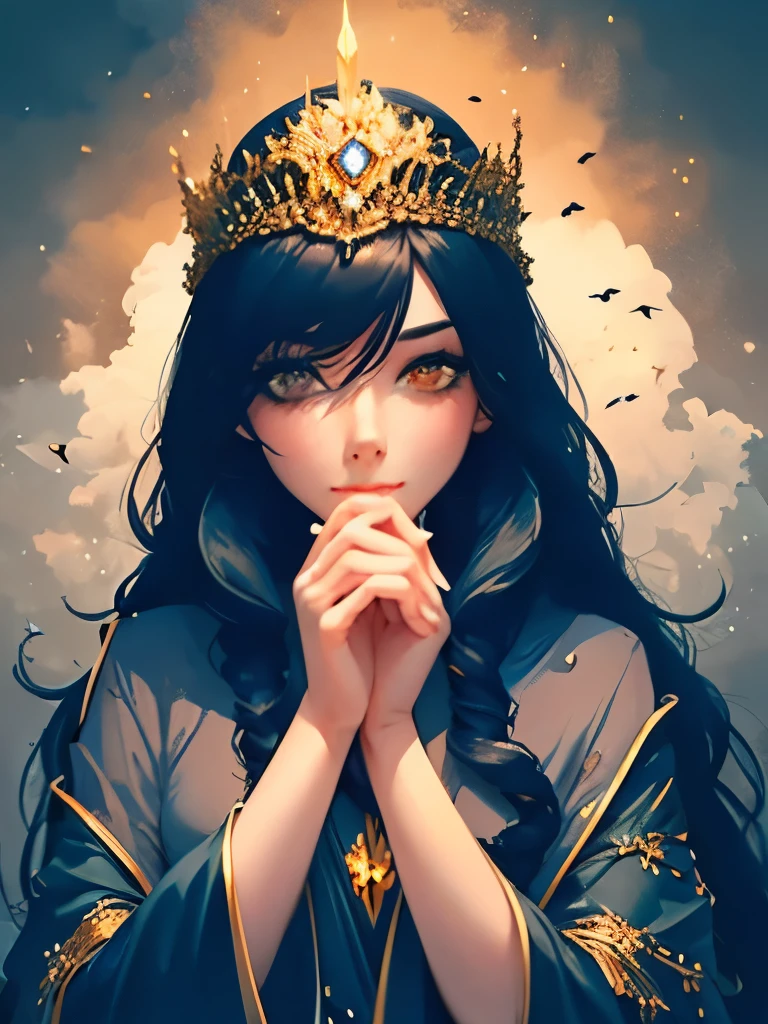 a woman with long black hair wearing a blue and gold hoodie, an anime drawing inspired by Charlie Bowater, tumblr, fantasy art, beautiful celestial mage, black - haired mage, in dark robes with gold accents, astral witch clothes, portrait knights of zodiac girl, wearing star filled mage robes, maya ali as a storm sorcerer, charlie bowater art style