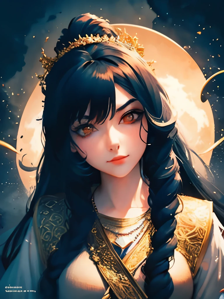 a woman with long black hair wearing a blue and gold hoodie, an anime drawing inspired by Charlie Bowater, tumblr, fantasy art, beautiful celestial mage, black - haired mage, in dark robes with gold accents, astral witch clothes, portrait knights of zodiac girl, wearing star filled mage robes, maya ali as a storm sorcerer, charlie bowater art style