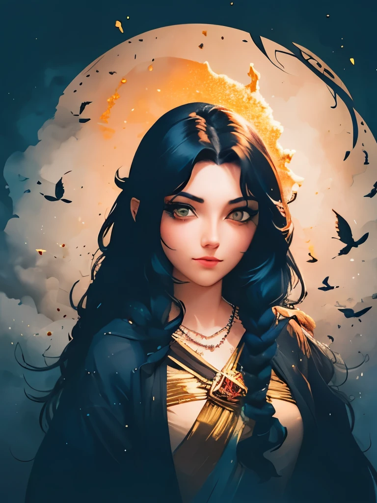 a woman with long black hair wearing a blue and gold hoodie, an anime drawing inspired by Charlie Bowater, tumblr, fantasy art, beautiful celestial mage, black - haired mage, in dark robes with gold accents, astral witch clothes, portrait knights of zodiac girl, wearing star filled mage robes, maya ali as a storm sorcerer, charlie bowater art style