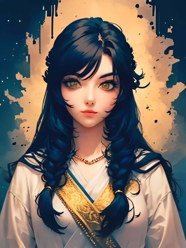 a woman with long black hair wearing a blue and gold hoodie, an anime drawing inspired by Charlie Bowater, tumblr, fantasy art, beautiful celestial mage, black - haired mage, in dark robes with gold accents, astral witch clothes, portrait knights of zodiac girl, wearing star filled mage robes, maya ali as a storm sorcerer, charlie bowater art style