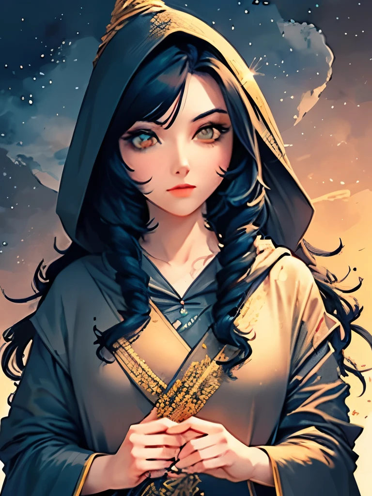 a woman with long black hair wearing a blue and gold hoodie, an anime drawing inspired by Charlie Bowater, tumblr, fantasy art, beautiful celestial mage, black - haired mage, in dark robes with gold accents, astral witch clothes, portrait knights of zodiac girl, wearing star filled mage robes, maya ali as a storm sorcerer, charlie bowater art style