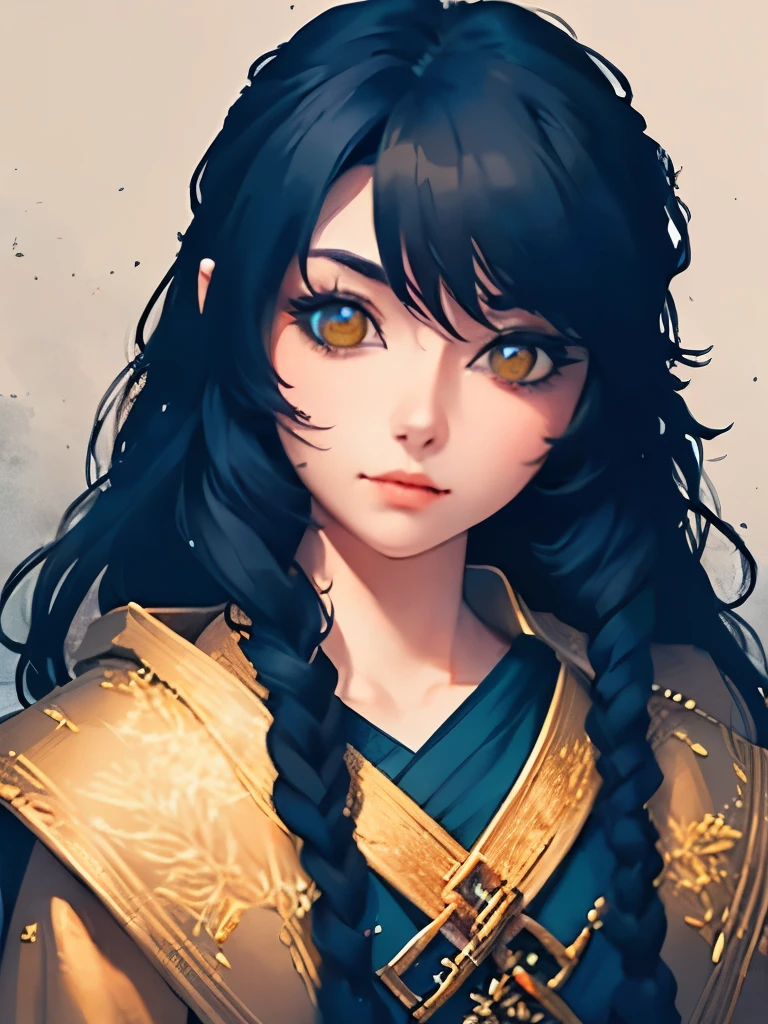 a woman with long black hair wearing a blue and gold hoodie, an anime drawing inspired by Charlie Bowater, tumblr, fantasy art, beautiful celestial mage, black - haired mage, in dark robes with gold accents, astral witch clothes, portrait knights of zodiac girl, wearing star filled mage robes, maya ali as a storm sorcerer, charlie bowater art style