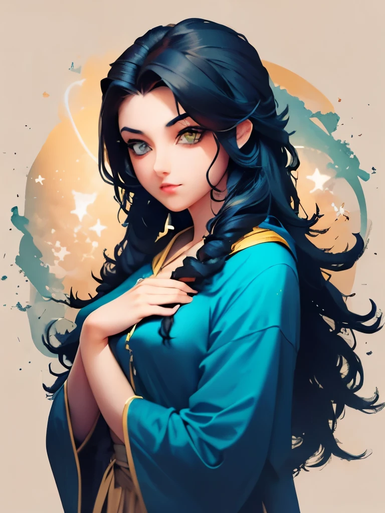 a woman with long black hair wearing a blue and gold hoodie, an anime drawing inspired by Charlie Bowater, tumblr, fantasy art, beautiful celestial mage, black - haired mage, in dark robes with gold accents, astral witch clothes, portrait knights of zodiac girl, wearing star filled mage robes, maya ali as a storm sorcerer, charlie bowater art style