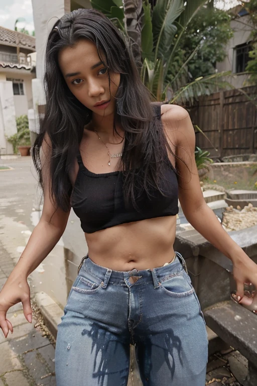 Young half naked dead dirty body of Indonesian girl, descent mixed from sundanese and javanese, 25 years old, slim body, georgeus face, lying down half naked on the street as a dead girl, head lying weak limp down on asphalt, dead girl white turned up eyes, dead girl being hasbdamage body and face, caused by bloody motor bike accident, all her clothes torn aparts, her body and motorbike crushed by a heavy truck, blood flowing out from her open mouth and nose and ears, natural, very detail, very realistic, all her body visible, hairy bloody vagina exposed visible, wearing torn and folded up messy dress, torn into many parts trousers, torn aparts panty, blown up bra, weak limp down legs and hands on asphalt,