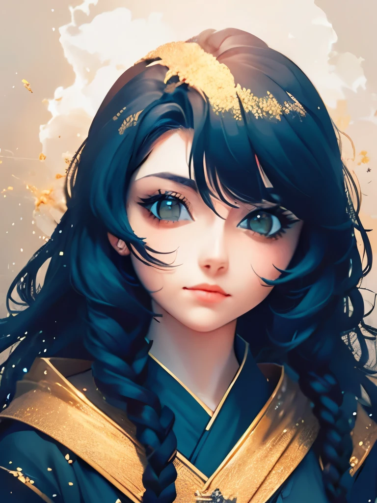 a woman with long black hair wearing a blue and gold hoodie, an anime drawing inspired by Charlie Bowater, tumblr, fantasy art, beautiful celestial mage, black - haired mage, in dark robes with gold accents, astral witch clothes, portrait knights of zodiac girl, wearing star filled mage robes, maya ali as a storm sorcerer, charlie bowater art style