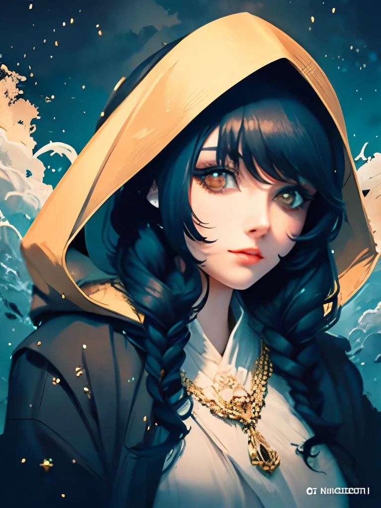 a woman with long black hair wearing a blue and gold hoodie, an anime drawing inspired by Charlie Bowater, tumblr, fantasy art, beautiful celestial mage, black - haired mage, in dark robes with gold accents, astral witch clothes, portrait knights of zodiac girl, wearing star filled mage robes, maya ali as a storm sorcerer, charlie bowater art style