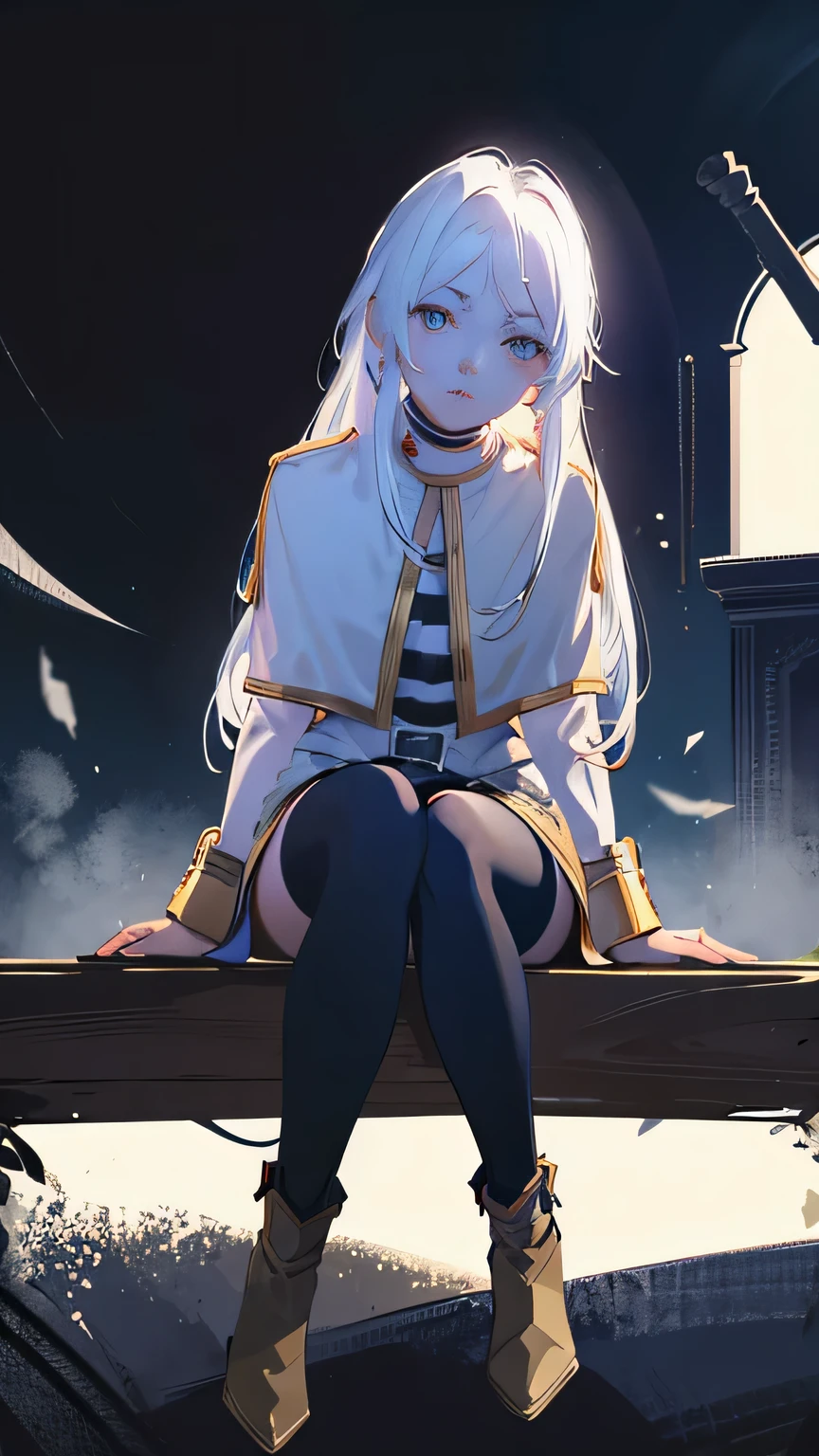 Frieren; aesthetic; bohemian; realistic; stockings; skinny fit; white hair; sitting touching pose; emo; staring on foreground; shinny and bright eyes; night background; Dark fantasy ; focus on hips; goddess; solo girl; up to down perspective