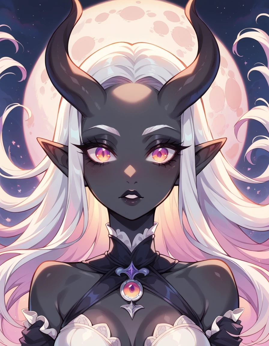 ((Masterpiece)), ((highres)), ((1person)), Random poses, beautifully detailed succubus girl, ((pastel moon background)), long white hair, defined elf ears with ear guages, defined eyes, pastel iris, long eye lashes, defined nose, black lipstick, (((Black skin))), black demon horns, breasts, night sky, pastel gothic style, gothic style art, gothic asthetic, bust shot
