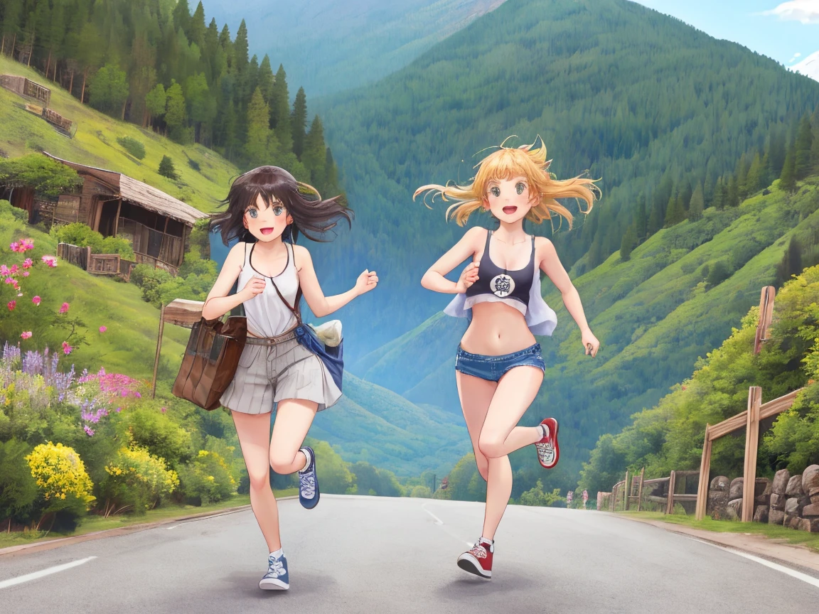 two girls climbing a mountain, selen tatsuki, pomu rainpuff, nijisanji en, selen is pulling pomu's pants down, sportswear, hiking, climbing, pantsing, ass visible, nsfw