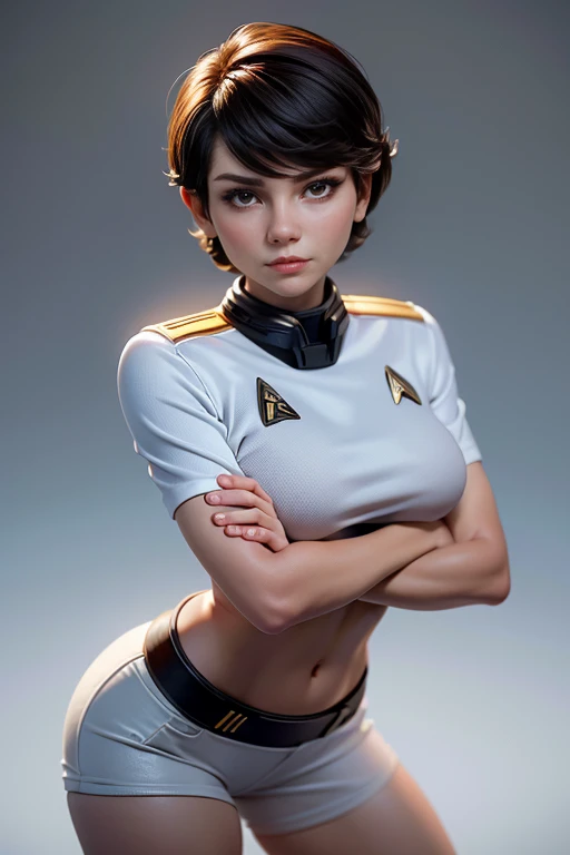 Female crew member of the USS Enterprise from Star Trek,  short hair , brown eyes, Confident and determined , firm stance, confident expression,   natural lighting ,  ultra resolution ,  plain white background , without patterns, No textures.