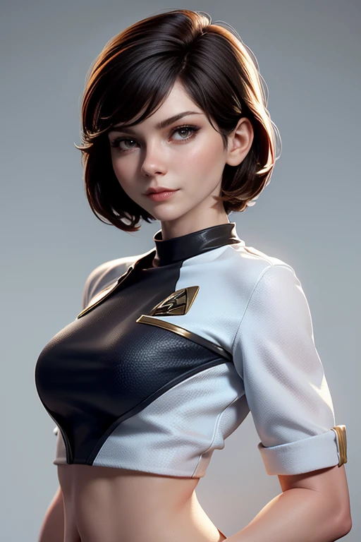 Female crew member of the USS Enterprise from Star Trek,  short hair , brown eyes, Confident and determined , firm stance, confident expression,   natural lighting ,  ultra resolution ,  plain white background , without patterns, No textures.