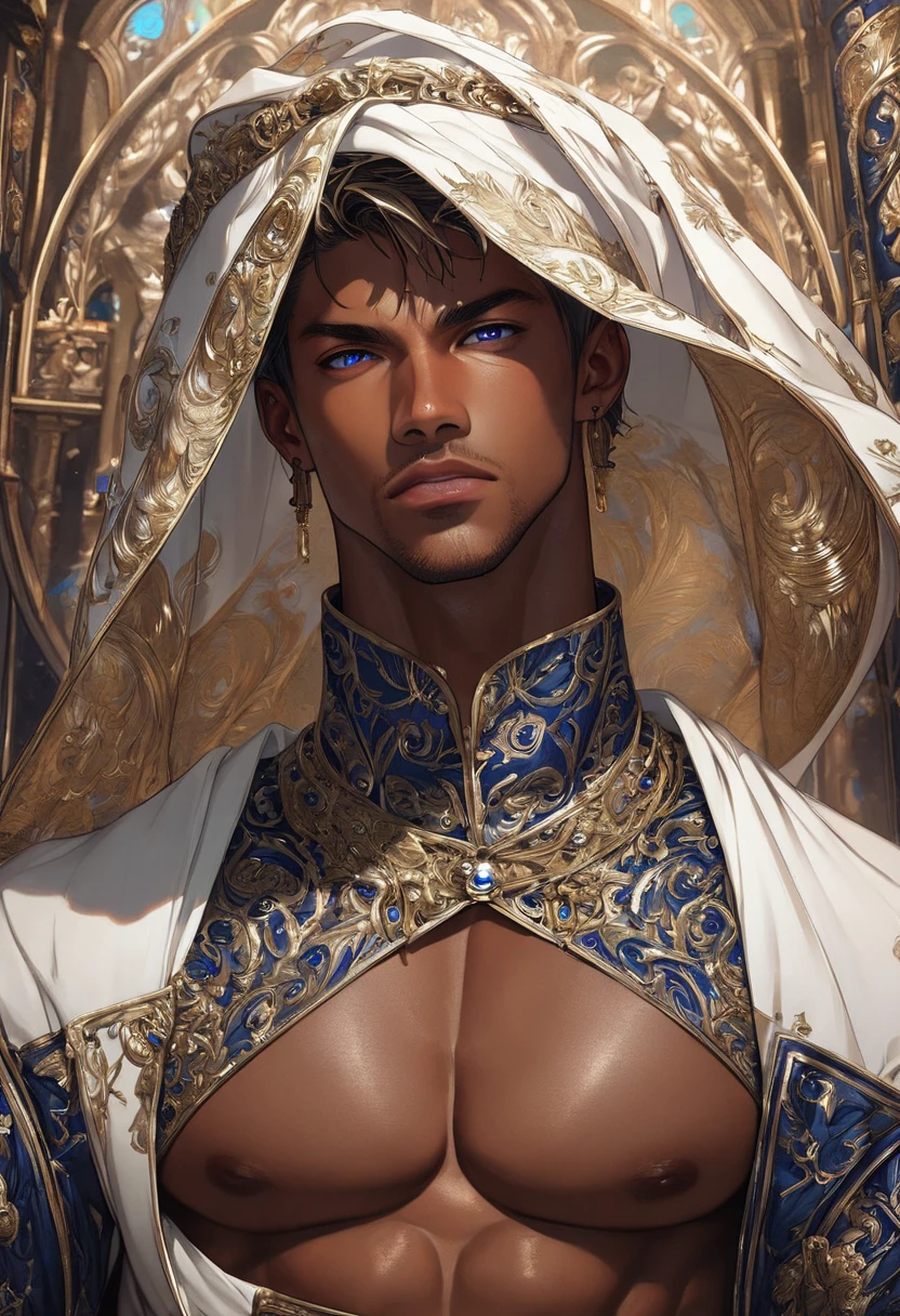 Muscular male, 30years old man, handsome, very short hair, short hair style, dark skin tone, tanned skin, Mediavel style, mercenary, medieval clothes, detailed background, romance fansasy book cover, (masterpiece:1.21),(bestquality:1.21),8k,high detailed,ultra-detailed,photography,award winning,documentary,Original Photo,Realisticity,solo,physically-based rendering,depth of field,(low saturation:1.3),(1boy;1.4:1.1),a male,silm,Real Skin Texture,White Marble Glowing Skin,model,model(random_color_clothing:1.45),(random stylish pose action:1.1), (close up shot),(random hair style),Alone