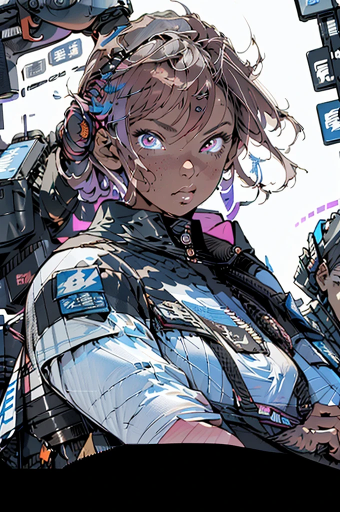 Cyberpunk woman with dark skin and blue eyes and short brown hair, wearing a loose white blouse and 8k swim shorts_wallpaper,  extremely detailed eyes,  extremely detailed body , extremely detailed finger, (great digital artwork), (Detailed manga illustration), (detailed art), ((perfect)) anatomy, BETTER HANDS)), ( intricate details :1.3), (ultra-detailed:1.3), (illustration:1.3), (sharp focus:1.3), ( natural  lightting:1.05), (vivid colors:1.3), model: Break Domain, realistic, ( masterpiece ,  superior quality ,  best quality , official art, Beauty and Aesthetics: 1.2),  very detailed , fractal art, colorful, more detailed, tangled, (abstract background: 1.5) (1menino: 1.3), God,  short hair, ( bright red eyes ), Mysterious, (magic), handsome man, bamboo forest, borboleta