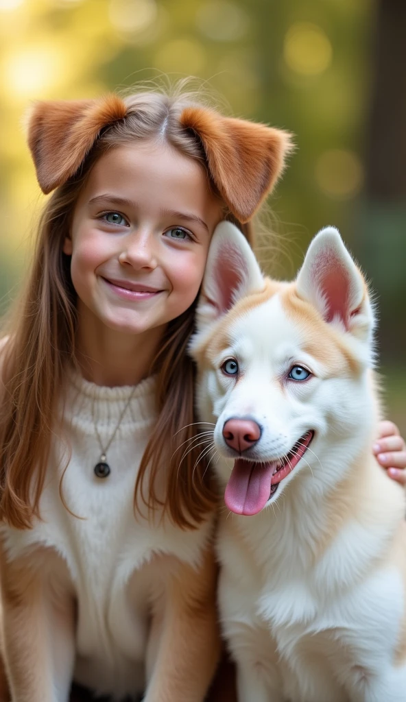German children girl with dog, photo studio white infinite background, close-up, bust, portrait, long blonde hair gold, giant green bows
