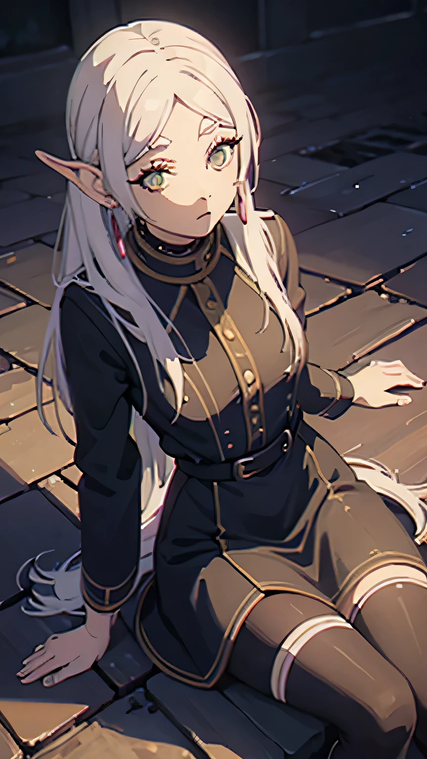 Classic Frieren outfit; aesthetic; bohemian; realistic; stockings; skinny fit; white hair; sitting touching pose; emo; staring on foreground; shinny and bright eyes; night background; Dark fantasy ; focus on hips; goddess; solo girl; up to down perspective