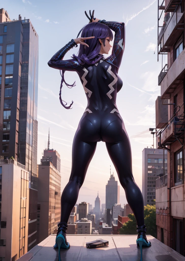 She is on a rooftop with her back ,  a very detailed New York cityscape in the background, Mirada Pícara by Pelo Morado,  very long hair , Making the Spider-Man gesture with his hands, Image to Backlight