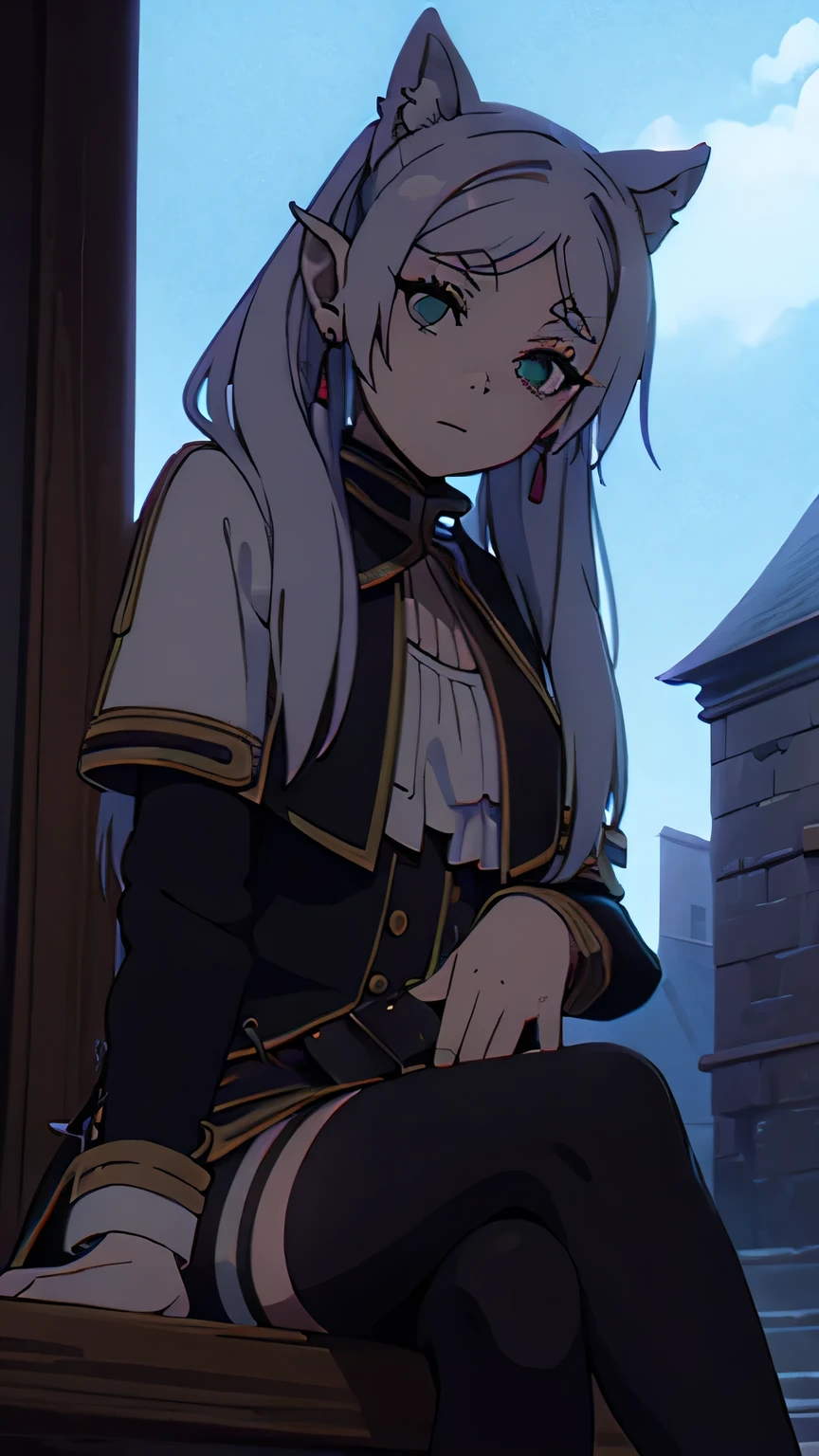 Classic Frieren outfit; aesthetic; bohemian; realistic; stockings; skinny fit; Classic Frieren hairstyle; sitting touching pose; emo; staring on foreground; shinny and bright eyes; night background; Dark fantasy ; focus on hips; goddess; solo girl; up to down perspective