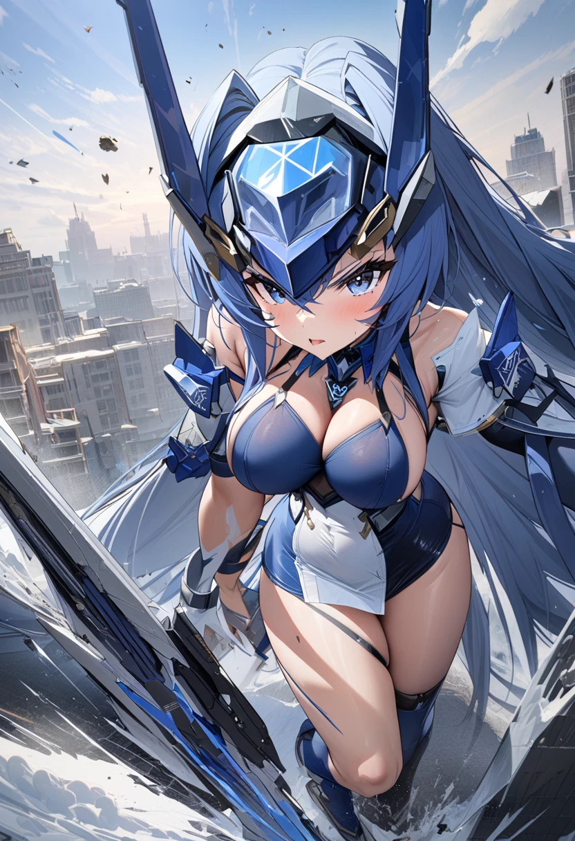 full body,masterpiece, high details, high quality, best quality, anatomically correct, masterpiece, textured skin, super detail,ultra-detailed, best quality, extremely detailed, 8k, high res, realistic, 1girl, 18yo, beautiful girl, (half closed eyes),(narrowed eyes:1.2),(open mouth), (blush:1.2),BREAK,(armor,navel exposed:1.8),blue beautiful eyes, (blue medium bob hair,asymmetrical parted bangs:1.6),BREAK,(voluptuous bust:1.5),(Gaunt , thin waist:1.3),white background,