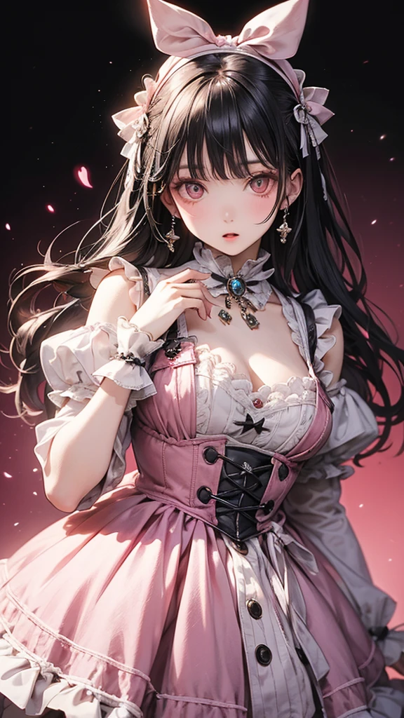 (Highest quality, masterpiece), One girl, Intricate details, Off the shoulder, skirt, choker, Frills, See-through, View your viewers, blush, Upper Body, Blurred Background, Floral print, Contrasting