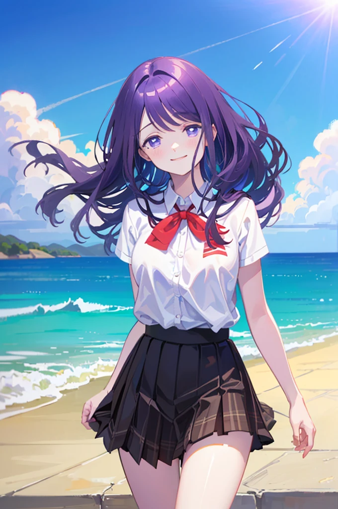 ((masterpiece, Best Quality,  Hi-Res,  NFSDW,  Perfect Pixel , Light purple hair、Purple Eyes、 semi-long hair 、4K,  NFSDW,  NFSDW))),  1 girl , single, Alone, Beauty、 I can see the whole body of a high school student 、 (Light purple hair、 semi-long hair )), ((Brown eyes,  beautiful eyelashes ,  Real Eyes )), ((  Details Faces  ,  blanking as desire:1.2)), (( smooth texture:0.75, Realistic texture:0.65,  photorealistic:1.1,  anime CG style)),  medium breasts,  dynamic angle that raises one leg terribly,  perfect body, (( red ribbon,  school uniform, ,  white shirt,  black skirt with katana ,  plaid skirt ))、Station stairs、In the Wind 、  very embarrassing panic smile 、Turned around、 I can see her butt sticking out in front of me.....、  Looking up from the bottom of the stairs、 ( The wind rolled up the skirt、Touching the skirt with both hands、、I can see the whole butt、 white floral panties )、