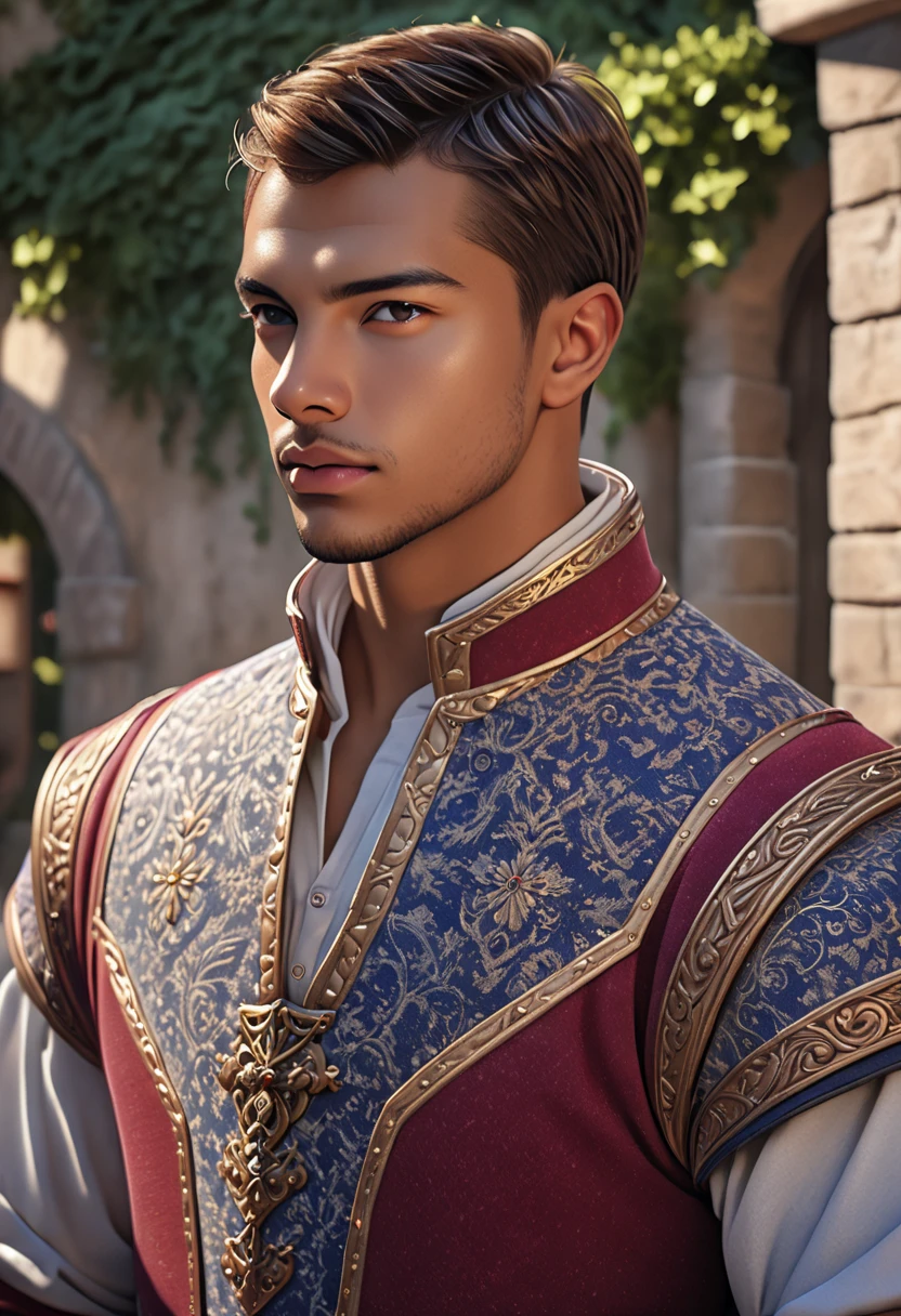 Muscular male, 30years old man, handsome, very short hair, short hair style, dark skin tone, tanned skin, Mediavel style, mercenary, medieval clothes, detailed background, romance fansasy book cover, (masterpiece:1.21),(bestquality:1.21),8k,high detailed,ultra-detailed,photography,award winning,documentary,Original Photo,Realisticity,solo,physically-based rendering,depth of field,(low saturation:1.3),(1boy;1.4:1.1),a male,silm,Real Skin Texture,White Marble Glowing Skin,model,model(random_color_clothing:1.45),(random stylish pose action:1.1), (close up shot),(random hair style),Alone