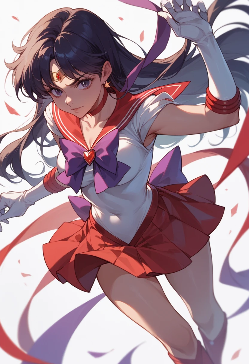 sexy sailor mars、 red mini skirt 、Purple ribbon、 white gloves、 dynamic angle with exposed chest