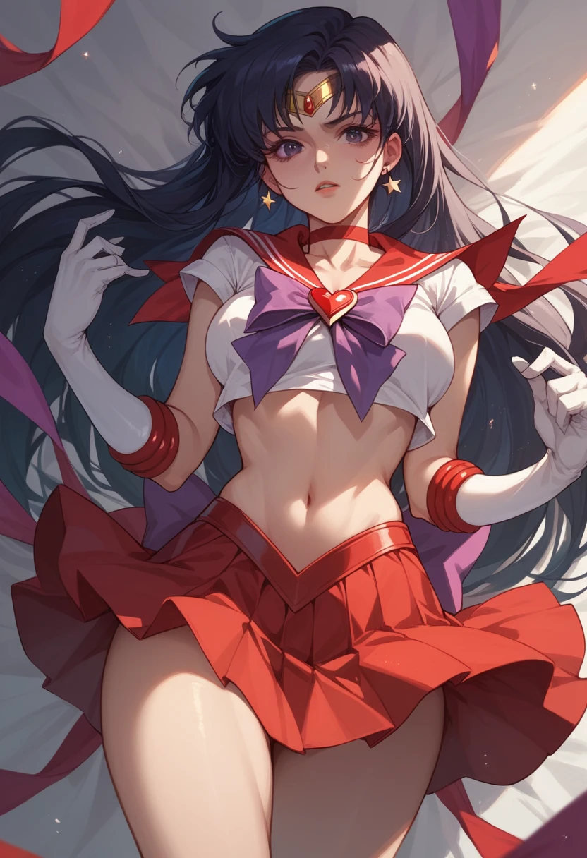 sexy sailor mars、 red mini skirt 、Purple ribbon、 white gloves、 dynamic angle with exposed chest