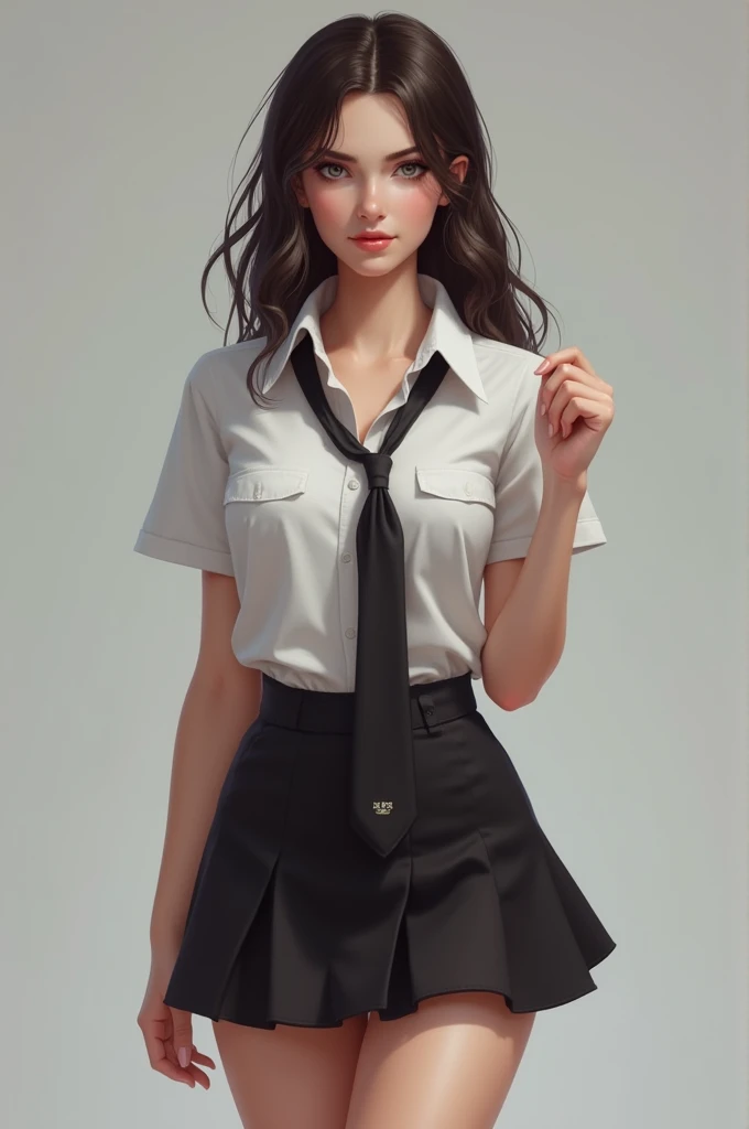 Masterpiece, best quality, teenage girl, long brown hair, beautiful face, blue eyes, complex eyes, symmetrical eyes, Vintage style cropped shirt., black leather short skirt, black stockings, leaning against the wall, CG Highly detailed, Very beautiful and elegant,very detailed eyes, Fine texture, Detailed fabric, Beautifully detailed face, complicated details, Special details, 3d, 30k, movie theater light, Stunning light, shallow depth of light, Beautiful clothing details, Highly detailed, UDR, Sharp focus, Physics-based rendering