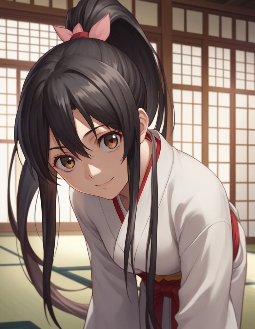 score_9, score_8_up, score_7_up, source_anime,
sagiriyamadaasaemon, sagiri yamada asaemon, long hair, black hair, ponytail, high ponytail, brown eyes,
japanese clothes, kimono, hakama,
indoors, dojo, bent over, smile,
solo, dutch angle, looking at viewer, cowboy shot,