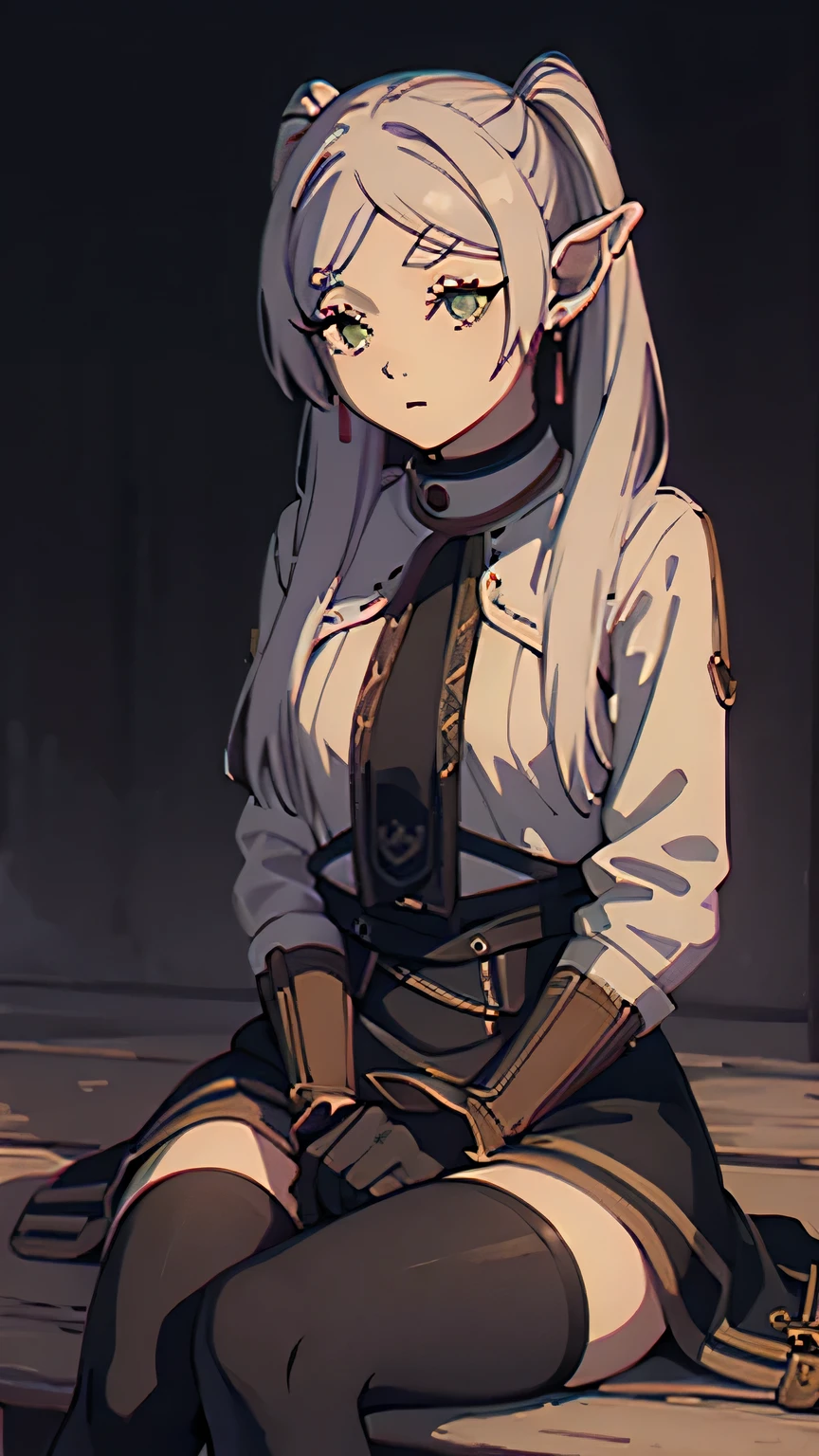 Classic Frieren outfit; aesthetic; bohemian; realistic; stockings; skinny fit; Classic Frieren hairstyle; sitting touching pose; emo; staring on foreground; stand out eyes; night background; Dark fantasy ; focus on hips; goddess; solo girl; up to down perspective