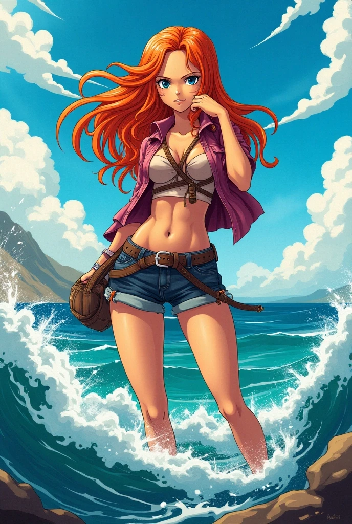 obra prima estilo Nami de one piece, with more realistic anime strokes, com os olhos azuis, cabelo branco, bikini sexy rosa, sensualizando, em um fundo representando uma praia cheia de garotas de animes diferentes