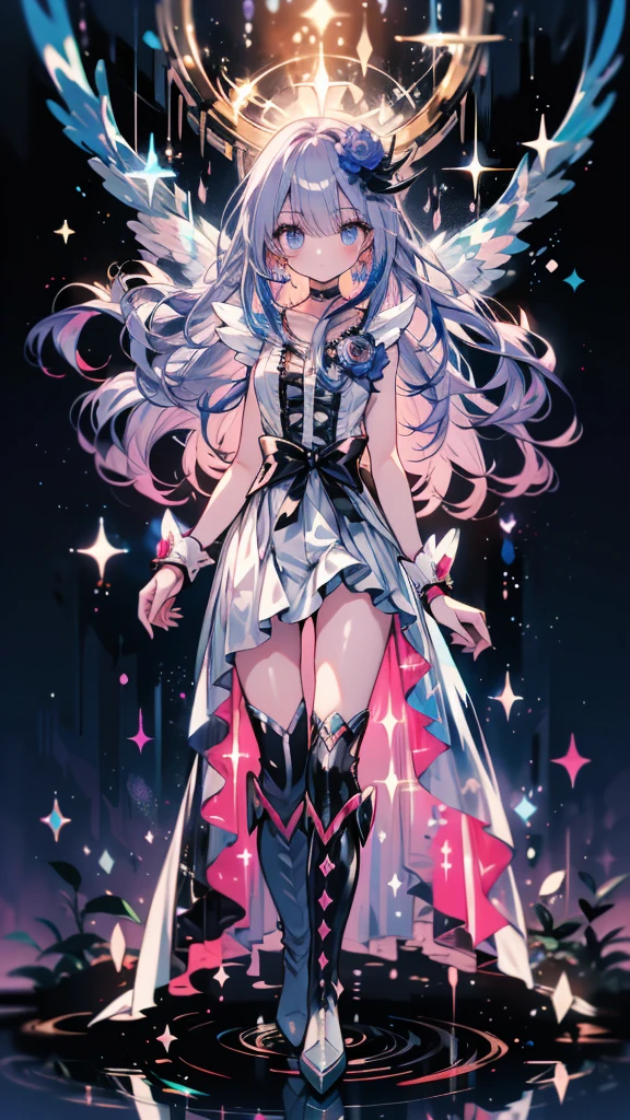 (High-definition CG), (Best Quality),((full body))， 1 girl,Alone, cure moonlight，sidelocks, hair ornament, blue rose, wrist cuffs, ribbon, single elbow glove, boots, eyelashes, serious， spats，Purple Hair， black choker ,  earrings for a woman alone, Blue Flower, Magical Girl, Waist Bow , Cure Moonlight Dress,  jewellery, flower, Wrist Cuffs,   Single Elbow Glove,  boots, eyelash, perfect face,  shiny skin,  wide hips, thin waist,Knee-high  boots， elbow bag, 1 girl, Long Hair, 