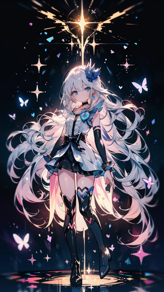 (High-definition CG), (Best Quality),((full body))， 1 girl,Alone, cure moonlight，sidelocks, hair ornament, blue rose, wrist cuffs, ribbon, single elbow glove, boots, eyelashes, serious， spats，Purple Hair， black choker ,  earrings for a woman alone, Blue Flower, Magical Girl, Waist Bow , Cure Moonlight Dress,  jewellery, flower, Wrist Cuffs,   Single Elbow Glove,  boots, eyelash, perfect face,  shiny skin,  wide hips, thin waist,Knee-high  boots， elbow bag, 1 girl, Long Hair, 