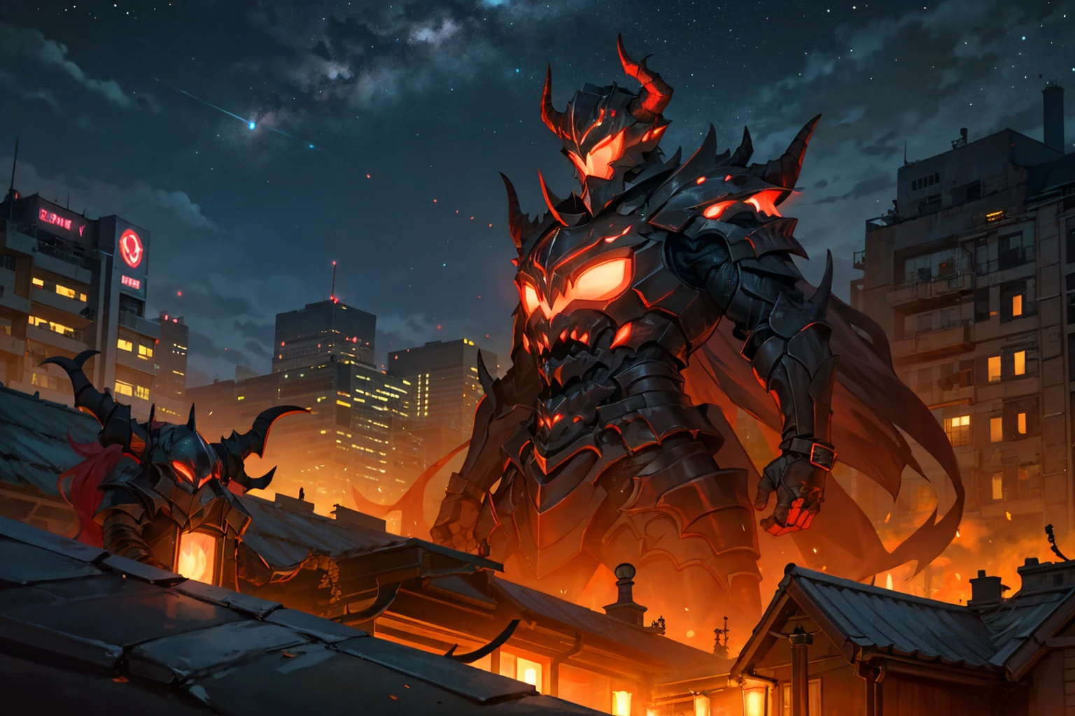 quality, semi-realistic anime, masterpiece, best quality, detailed picture, HD32k, outdoor, night, night sky, rooftop, cityscape, neoncity, monster, black armor, helmet with horns, red glowing, 9:01 PM
