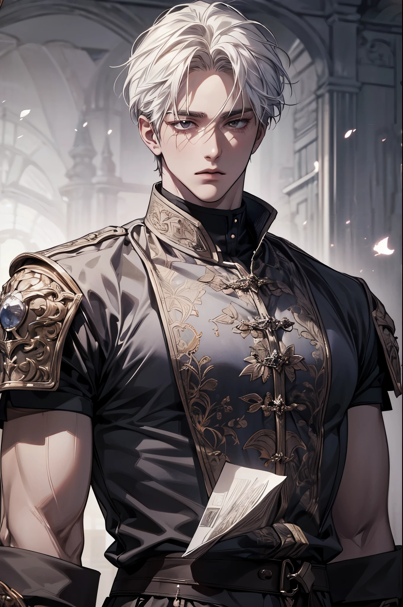 Muscular male, 30years old man, handsome, very short hair, short hair style, dark skin tone, tanned skin, Mediavel style, mercenary, medieval clothes, detailed background, romance fansasy book cover, (masterpiece:1.21),(bestquality:1.21),8k,high detailed,ultra-detailed,photography,award winning,documentary,Original Photo,Realisticity,solo,physically-based rendering,depth of field,(low saturation:1.3),(1boy;1.4:1.1),a male,silm,Real Skin Texture,White Marble Glowing Skin,model,model(random_color_clothing:1.45),(random stylish pose action:1.1), (close up shot),(random hair style),Alone