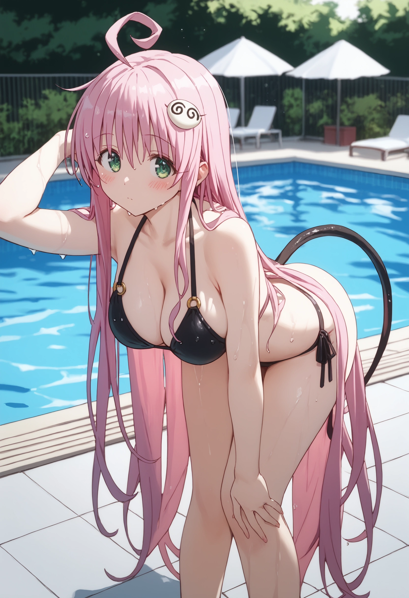 score_9,score_8_up,score_7_up,solo,outdoors,blush,Lala Satalin Deviluke,ahoge,very long hair,pink hair,hair ornament,sidelocks,bangs,green eyes,large breasts,tail,bikini, black bikini, wet, pool, blush,arms up, pool,(leaning forward:1.3), (hands on knees:1.3)