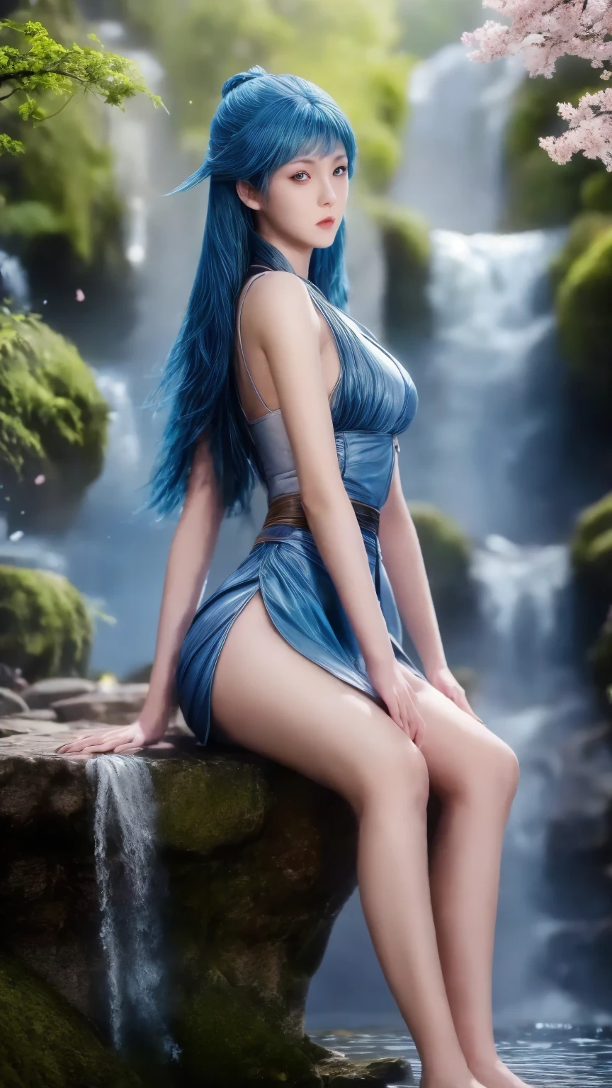 1girl, Solo, Long Hair, High Resolution, Blue Hair, 8K Octane, sitting on table, behind waterfall, Behind Sakura tree
