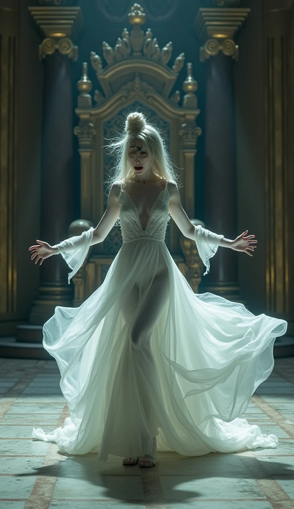 Ghostly Ballerina: A female ghost in a delicate, tattered ballet costume, performing an elegant, otherworldly dance in a ruined theater.