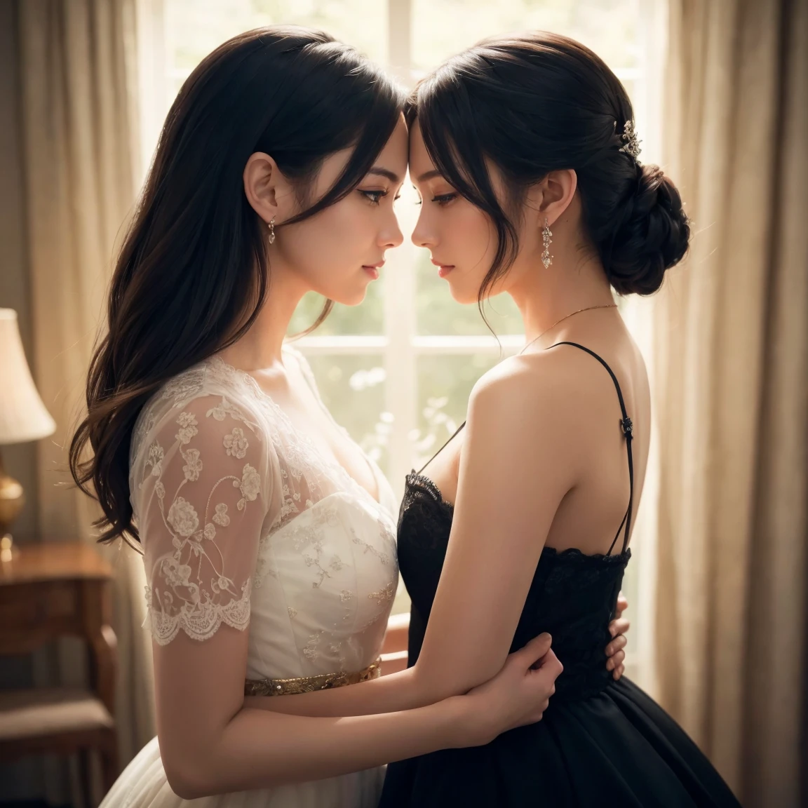 (2 beautiful girls kissing, closed eyes, hug:1.1), perfect face, full body, victorian era, noble dress, complicated decoration, spelling, talking, smiling, arms behind back, soft rim light, beautiful detailed sky, Adonna Khare, masterpiece, ultra high res, high quality, 4k, (photorealistic:1.2), photo,